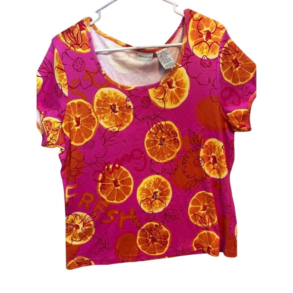 White Stag Womens XL Pink Orange Citrus Fruit Print Sequin Short Sleeve Top Tee